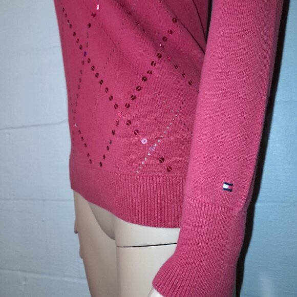 Tommy Hilfiger Women's XS Red Sparkle Sequin Argyle Vneck Sweater Holiday Y2K - Picture 4 of 9